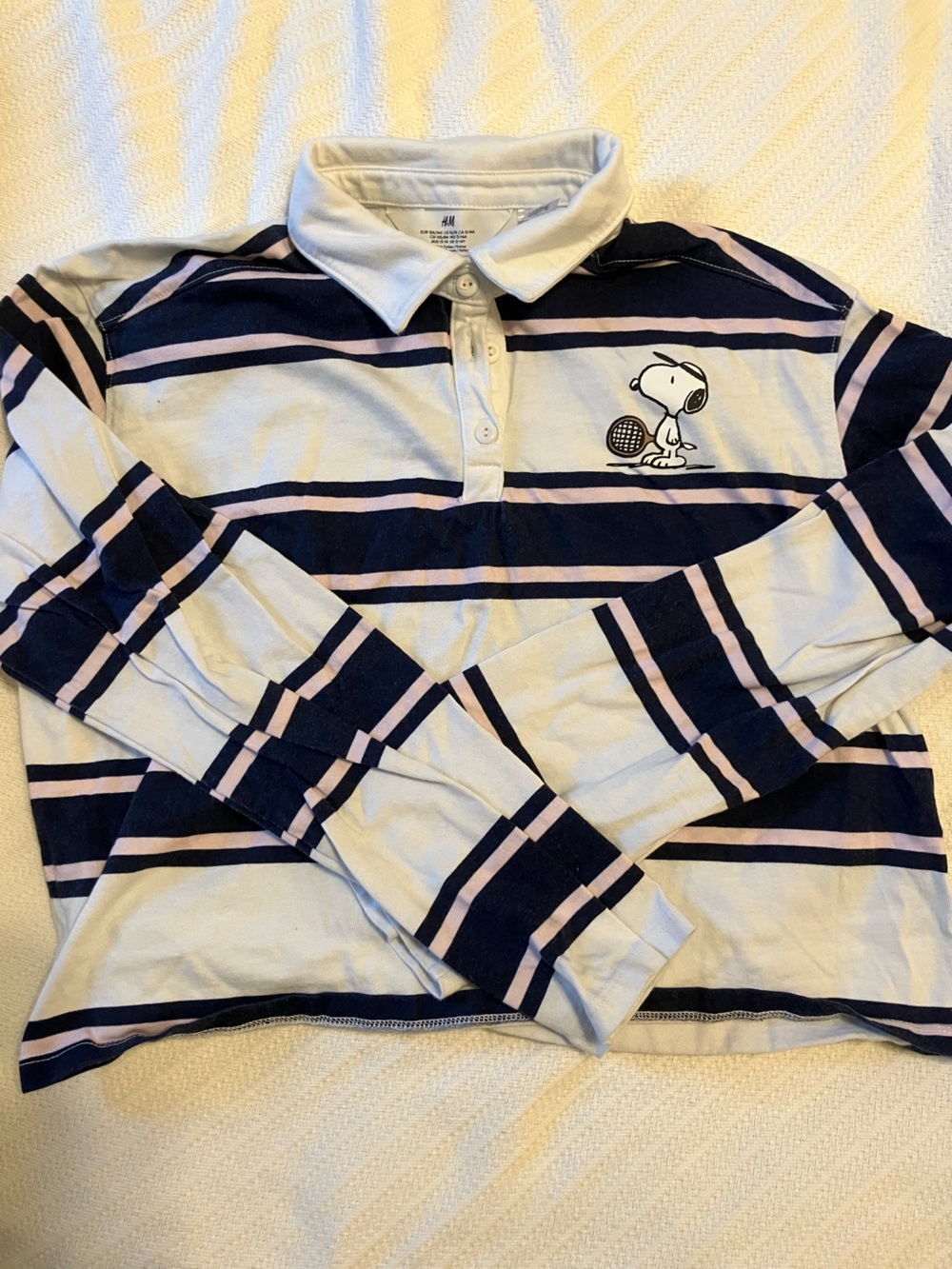H&M White Navy Pink Striped Polo Top with Snoopy